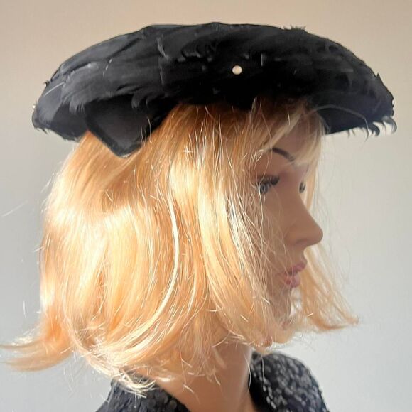 Vintage Black Feather Saucer Wide Brim Hat Under-Hat 40s 50s Rhinestone Crystals main image 8